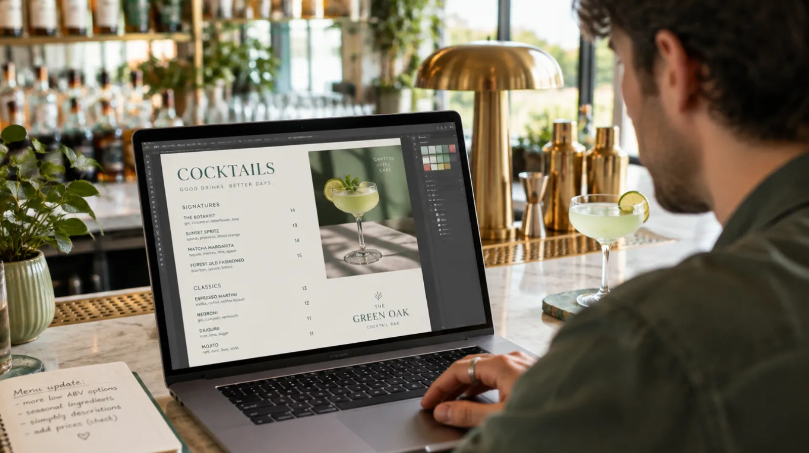 A young hospitality operator working on a laptop in a bright bar, designing a menu with Claude Code