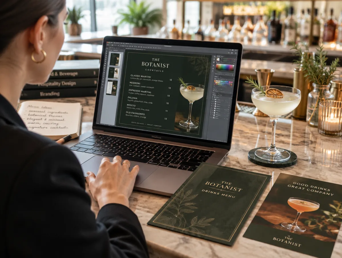 Designing a drinks menu and flyers on a laptop in a stylish bar