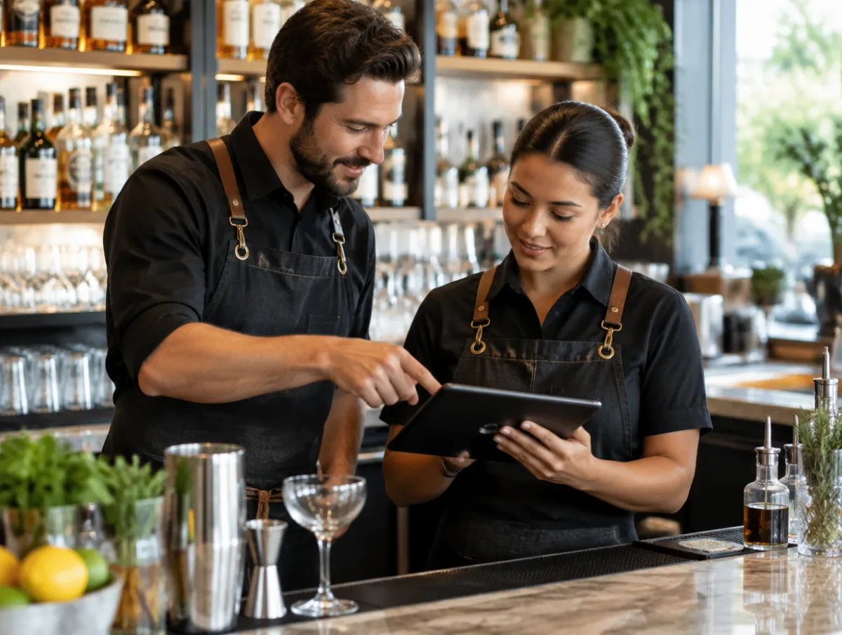 An experienced bartender onboarding a new team member with a tablet
