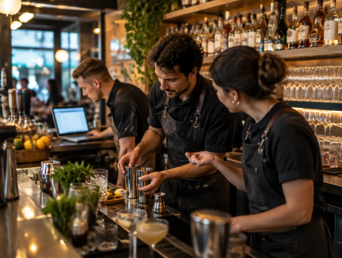 A hospitality team working together behind a busy modern bar