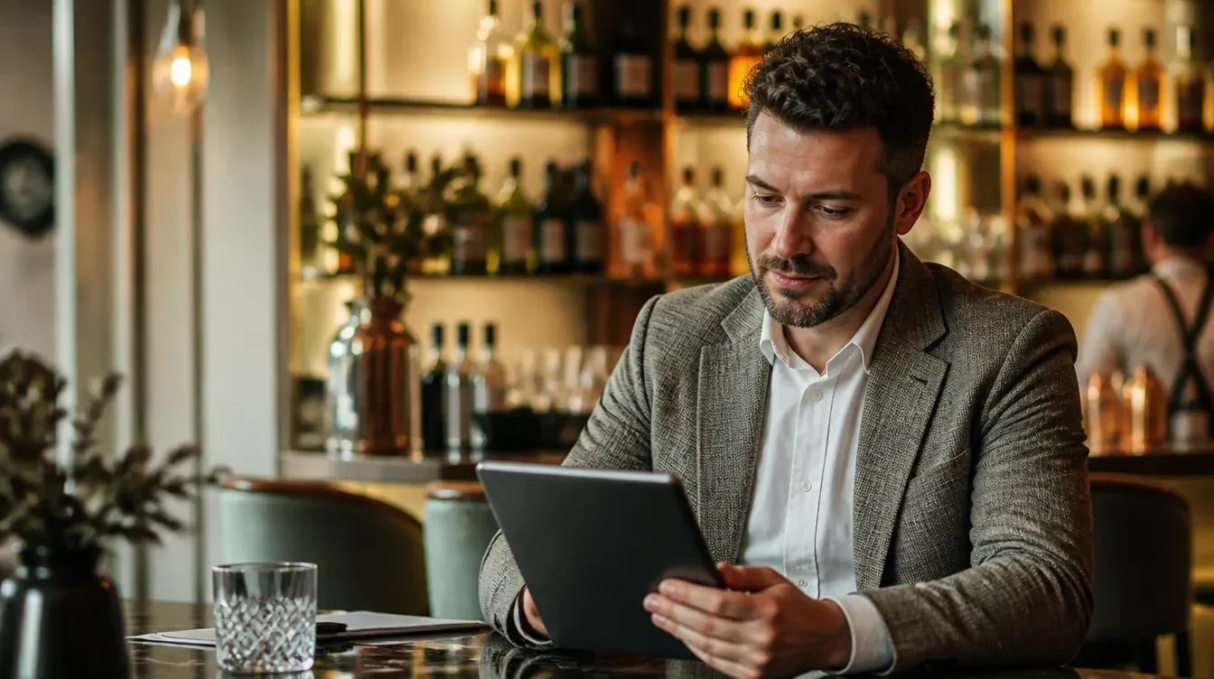 A hospitality buyer browsing a catalogue of beverage suppliers on a tablet at the bar
