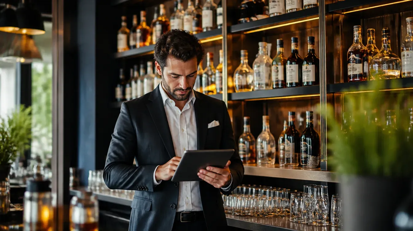 A bar manager checking inventory on a tablet in front of a well-organised back bar