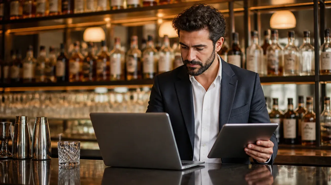 A bar manager reviewing existing supplier agreements on a laptop and tablet at the bar