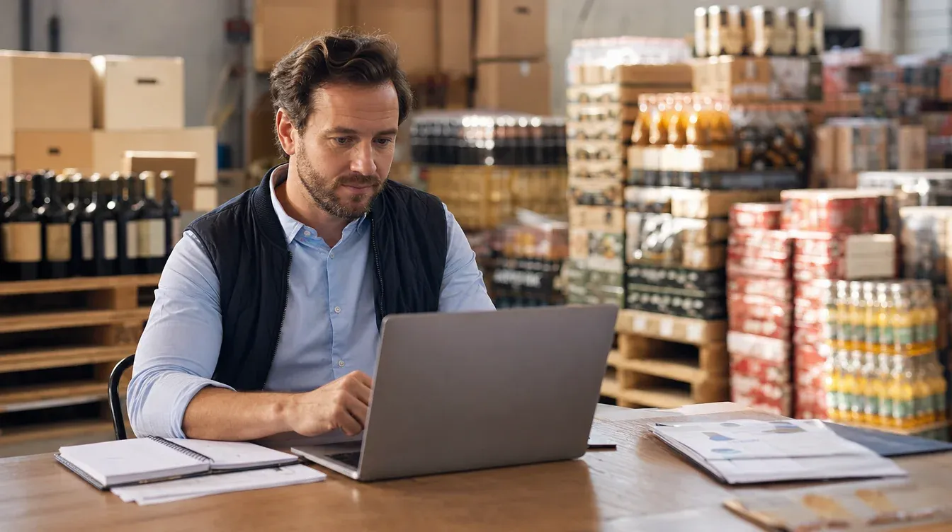 A distributor reviewing a portfolio deal proposal beside a range of premium beverage bottles