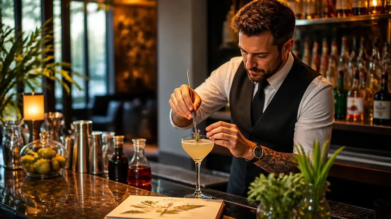 A bartender crafting a signature cocktail beside a drinks menu at an upscale bar