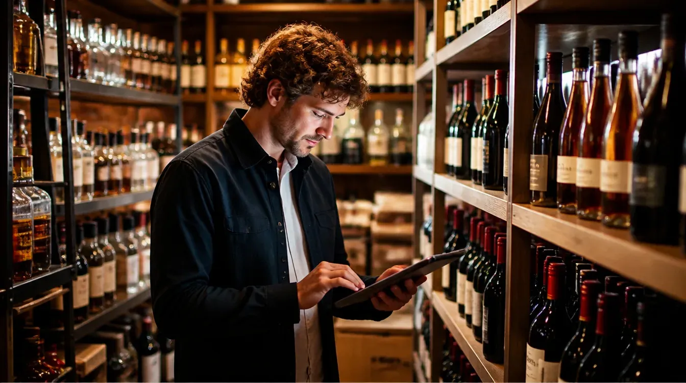A buyer checking stock levels against a tablet in a well-stocked bottle shop