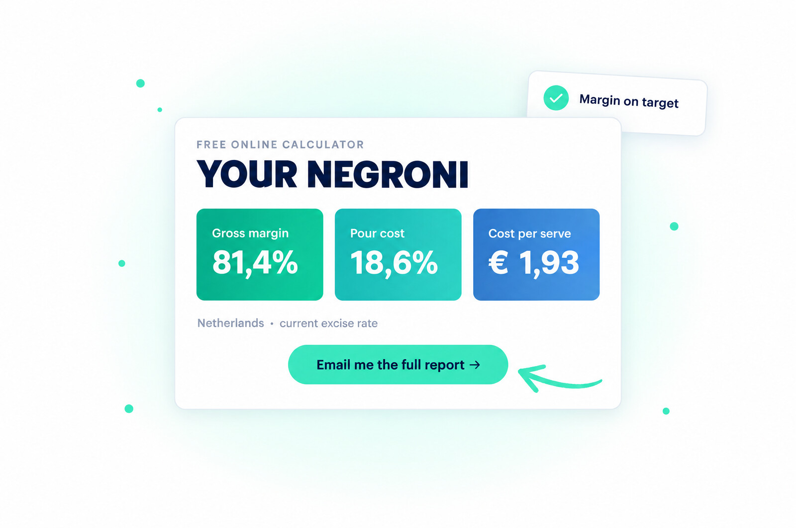 Cocktail margin result — gross margin, pour cost and cost per serve for a Negroni