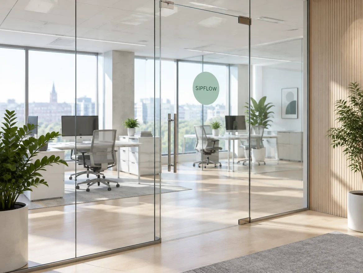 Empty Sipflow office with floor-to-ceiling glass walls and a Sipflow sticker on the door