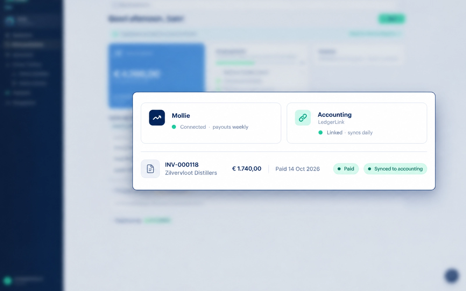 Sipflow payments and accounting, close-up of Mollie connected and a synced invoice