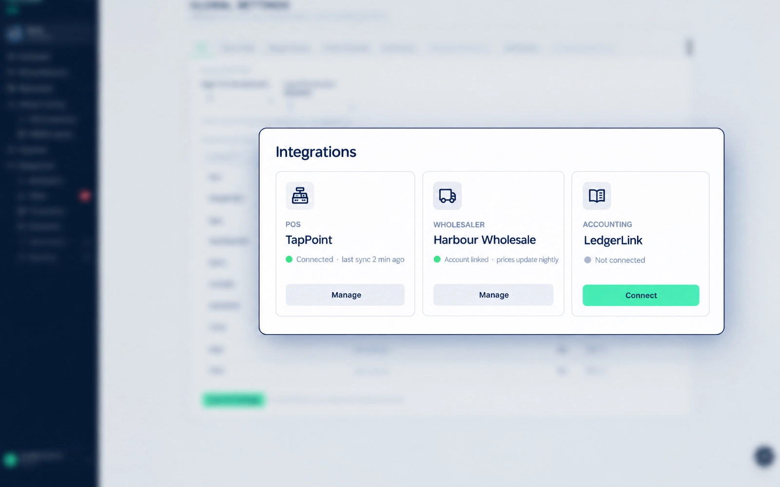 Sipflow pos and wholesaler integration, close-up of connected POS, wholesaler and accounting cards
