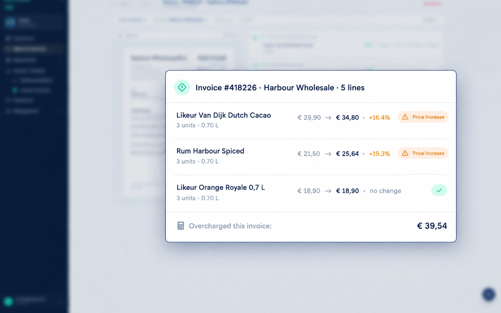 Sipflow invoice price check, close-up of invoice lines with old and new price and an increase badge