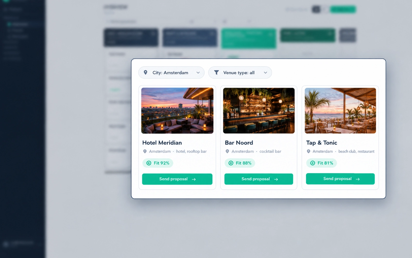 Sipflow marketplace, close-up of three venue cards and a send-proposal button