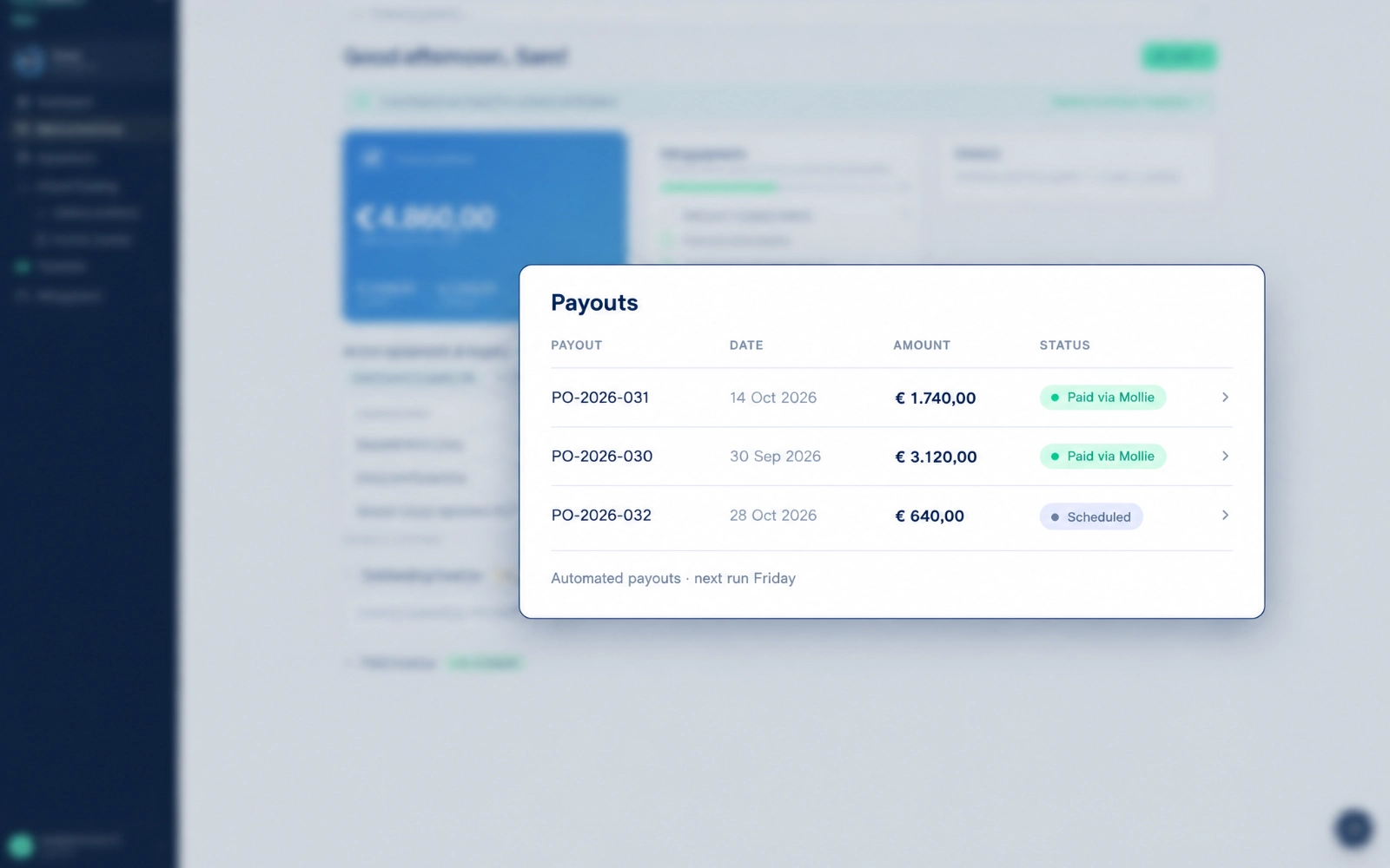 Sipflow automated payouts, close-up of a completed payout with Mollie status