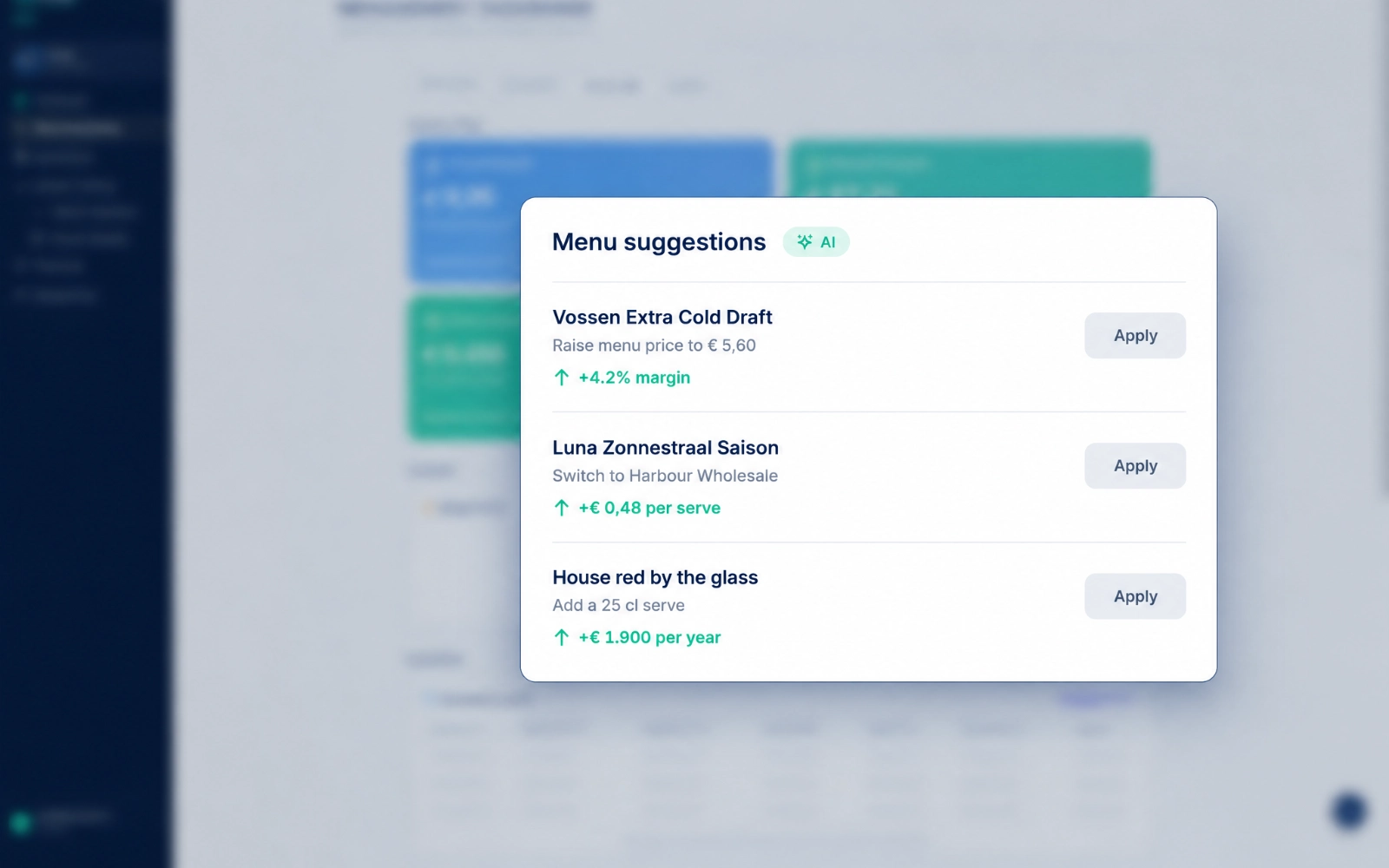 Sipflow menu suggestions, close-up of three suggestions with a margin gain
