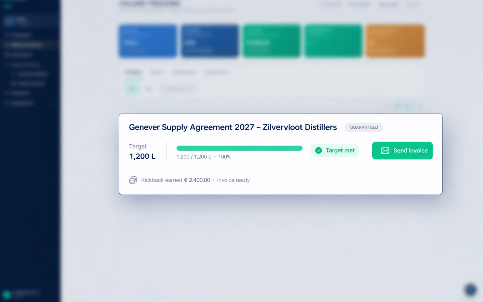 Sipflow target alerts, close-up of an agreement at 100 percent with a send-invoice action