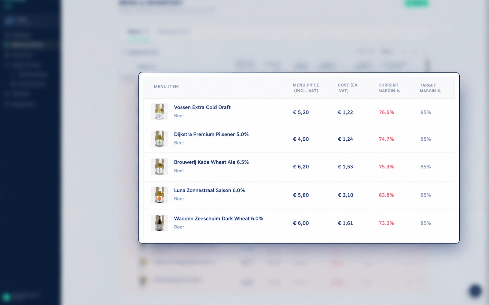 Sipflow wholesale price scan, close-up of menu items with price, cost and margin