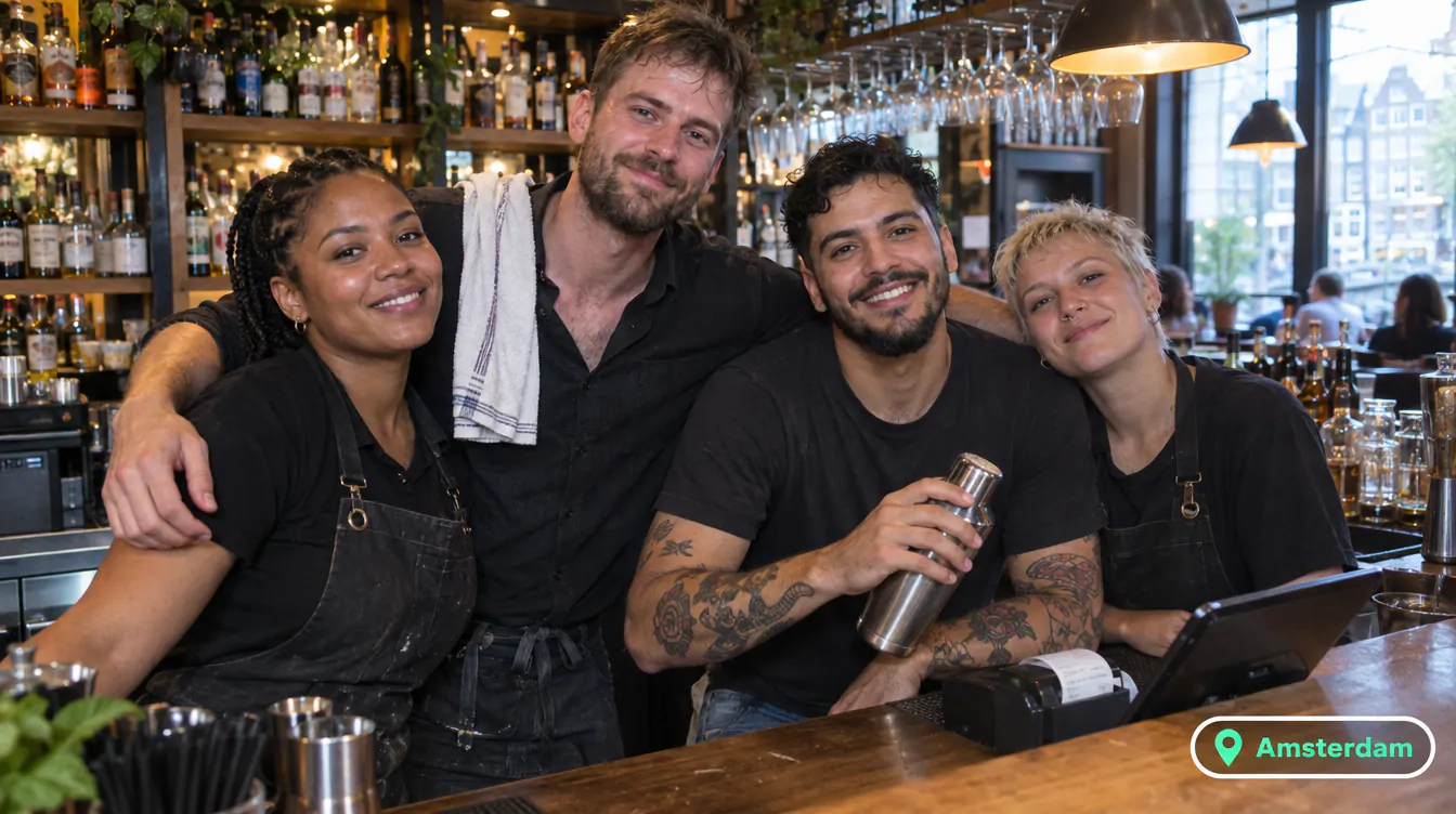 Bar team of a cocktail bar in Amsterdam posing behind the bar
