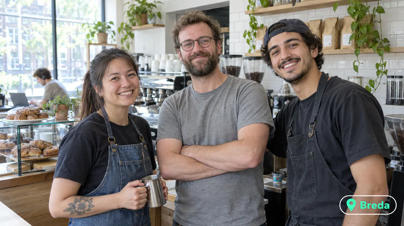 Three baristas at the counter of a coffee bar in Breda