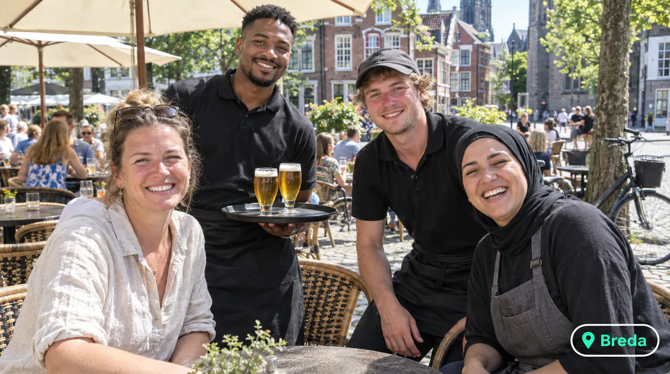 Terrace staff of a café on a square in Breda on a sunny afternoon