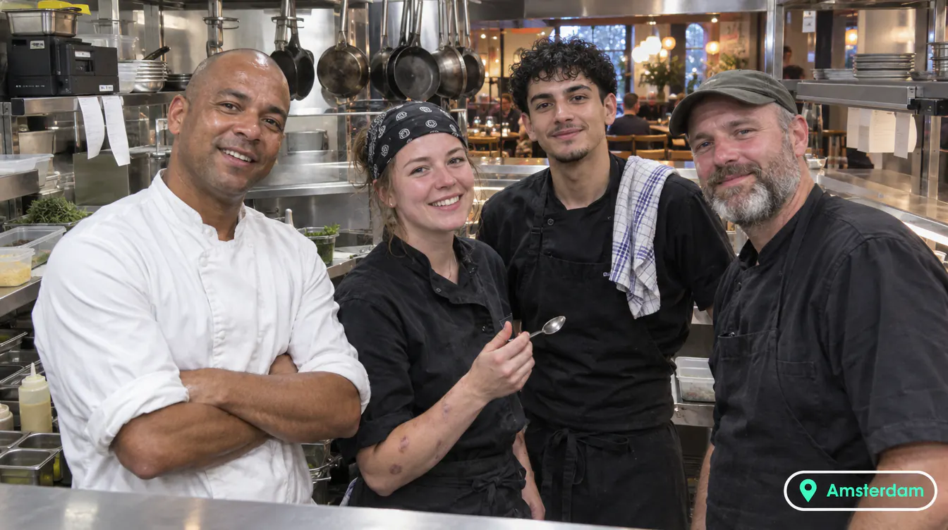 Kitchen team of a bistro in Amsterdam at the pass