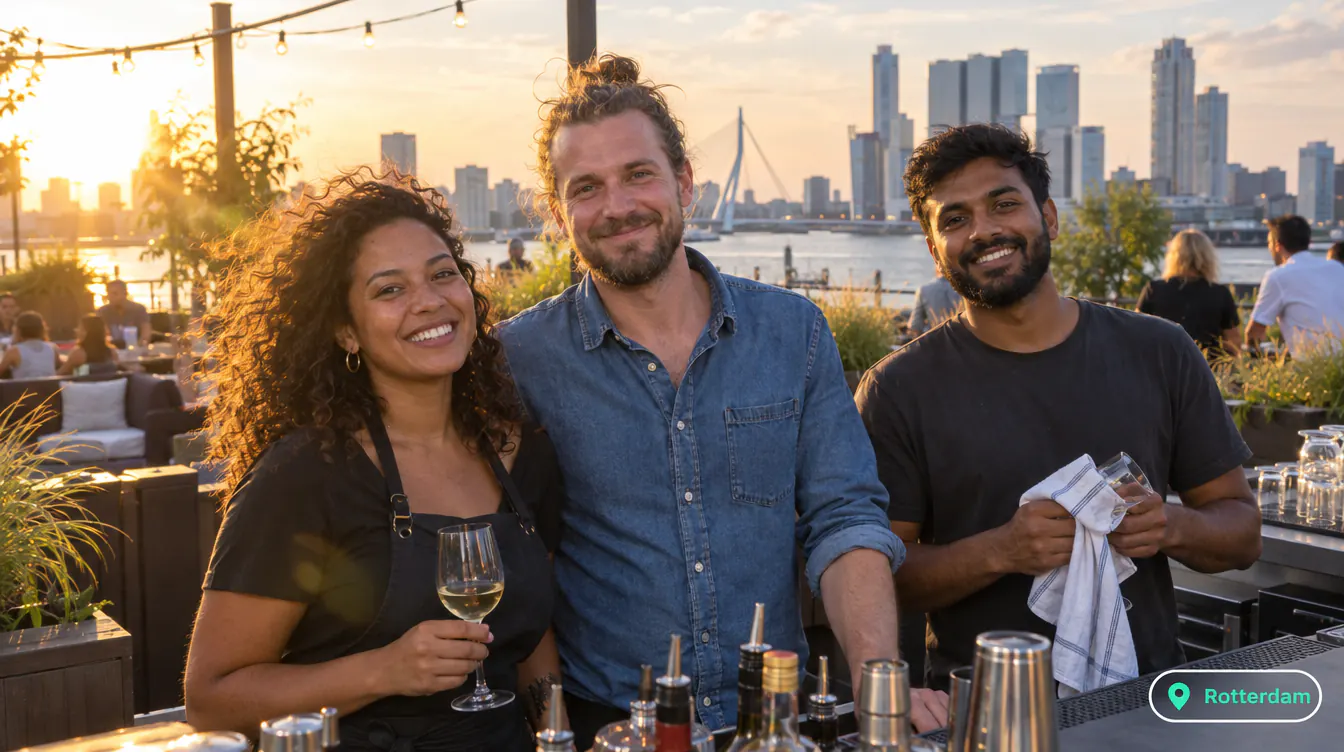 Bar staff on a rooftop bar in Rotterdam at golden hour