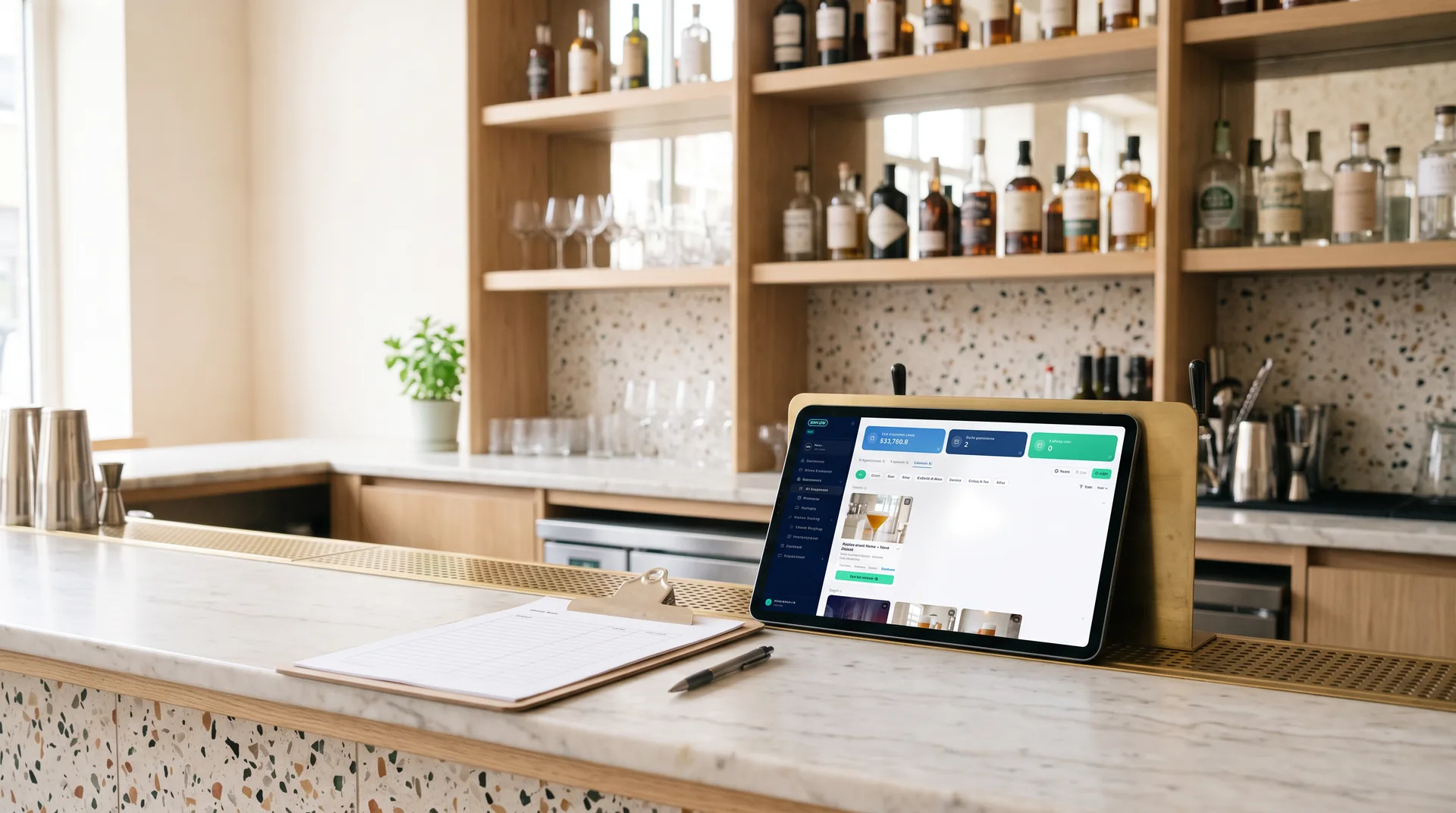 Tablet and stock sheet on the back bar of a light hotel bar before opening