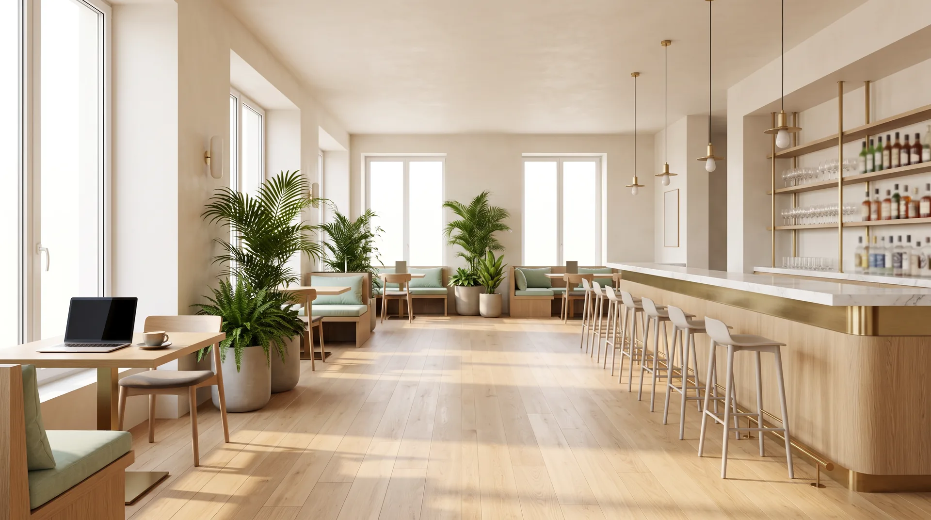 Bright hotel all-day bar with a laptop and coffee by the window