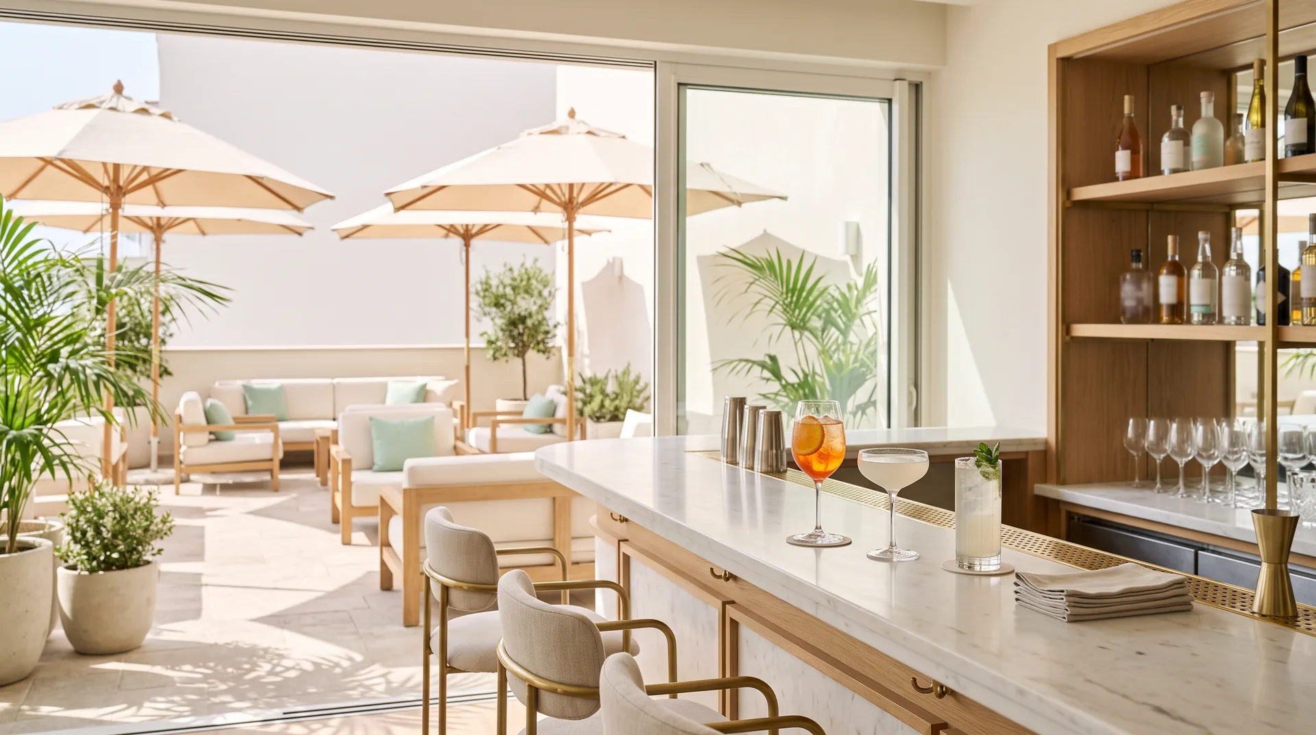 Bright bar terrace set with drinks before service