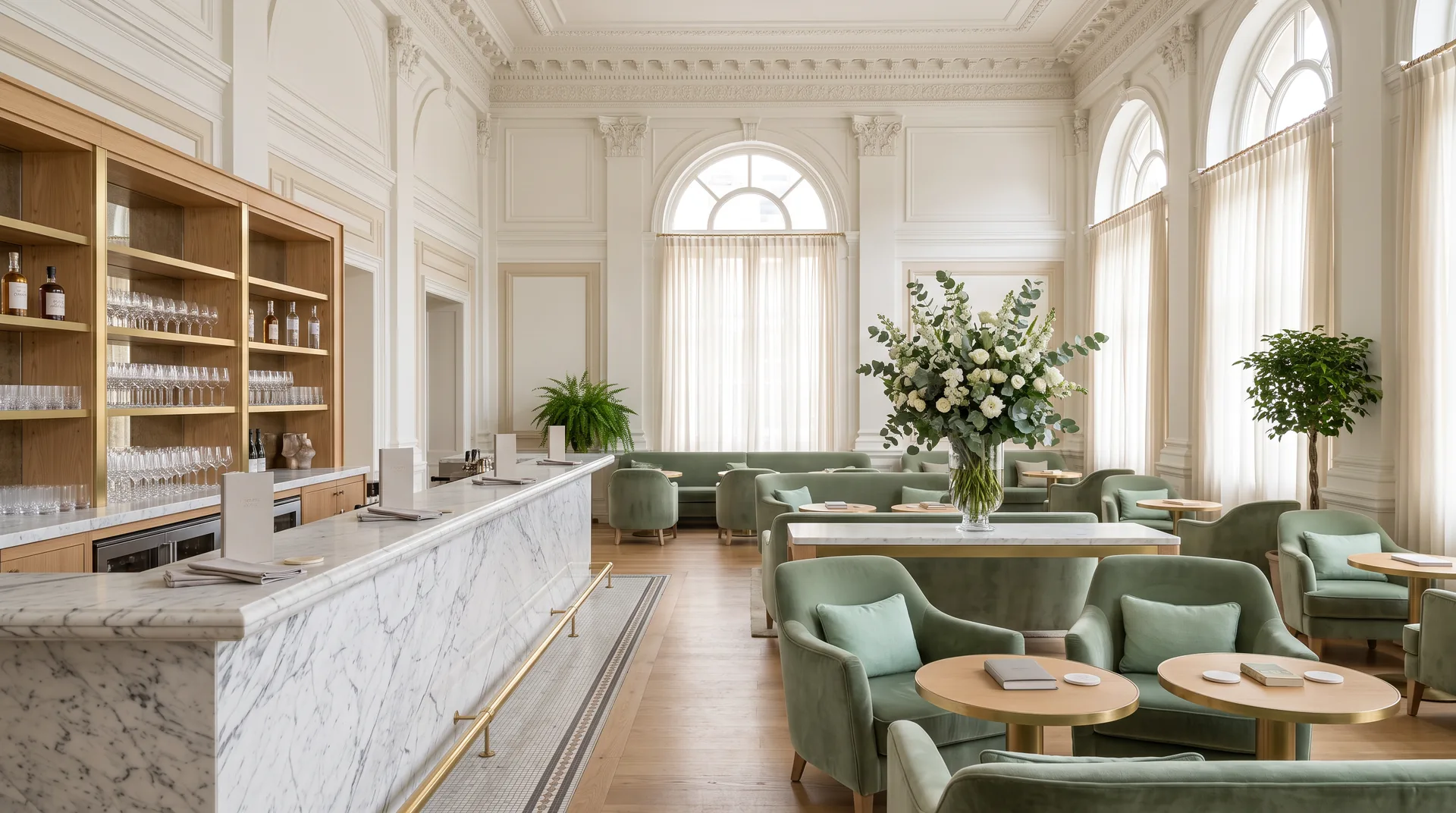 Grand hotel lobby bar with a marble bar and sage velvet armchairs