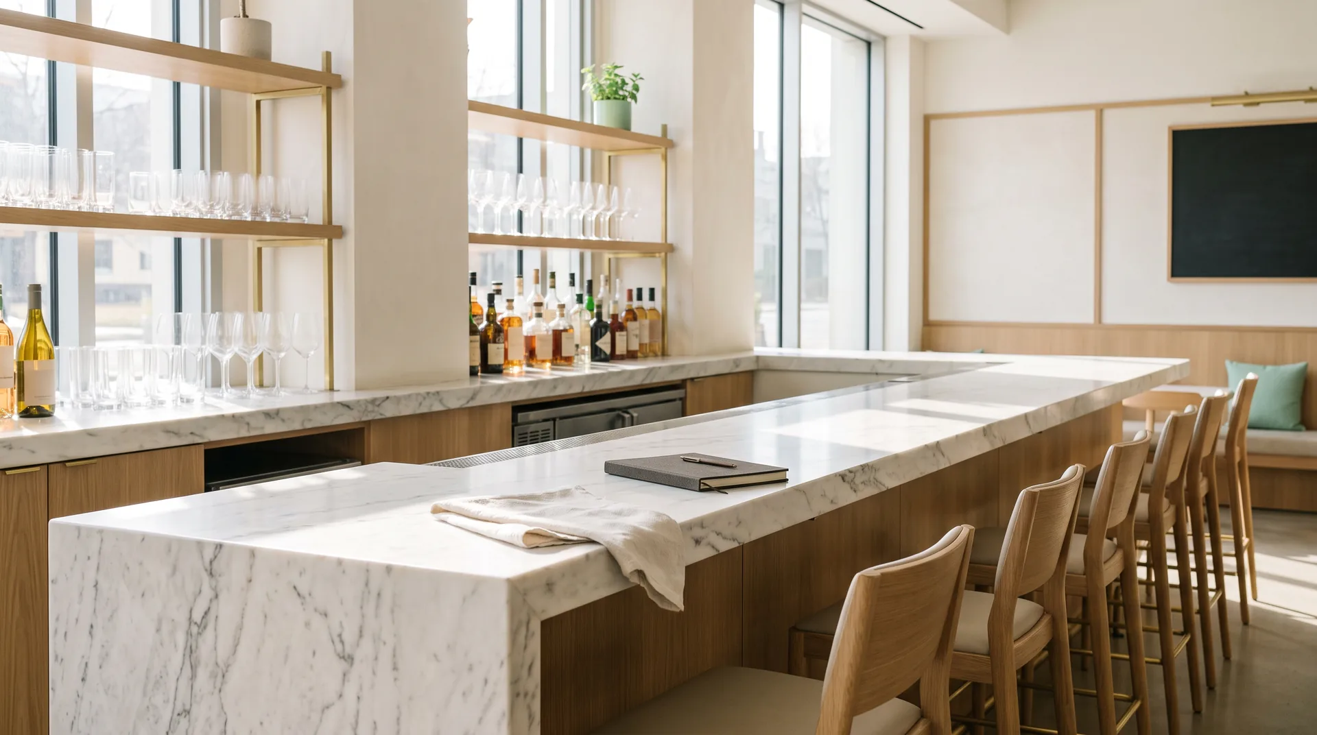 Empty hotel bar in morning sunlight with a towel and notebook on the marble counter