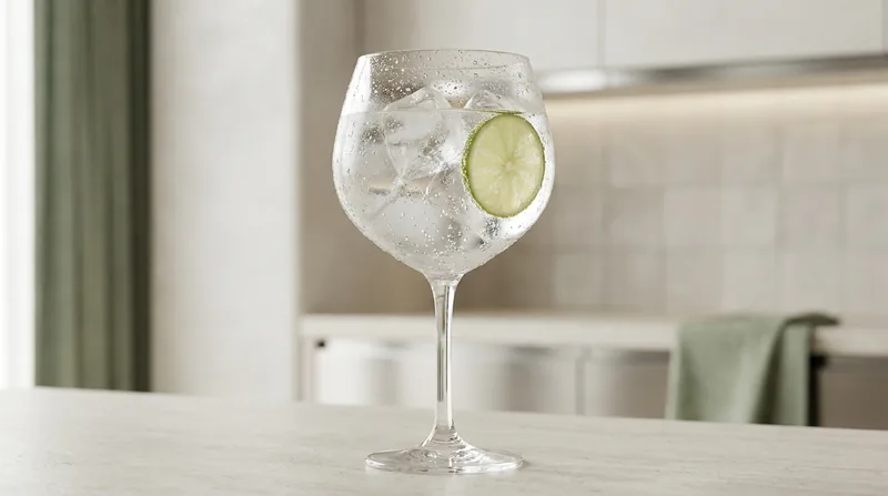 Gin and tonic with lime in a balloon glass