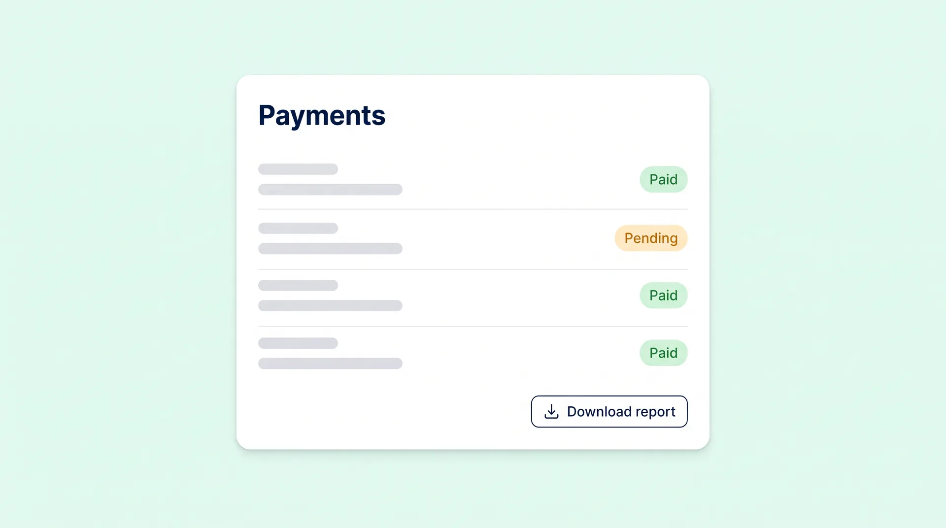 Payments table with paid and pending statuses