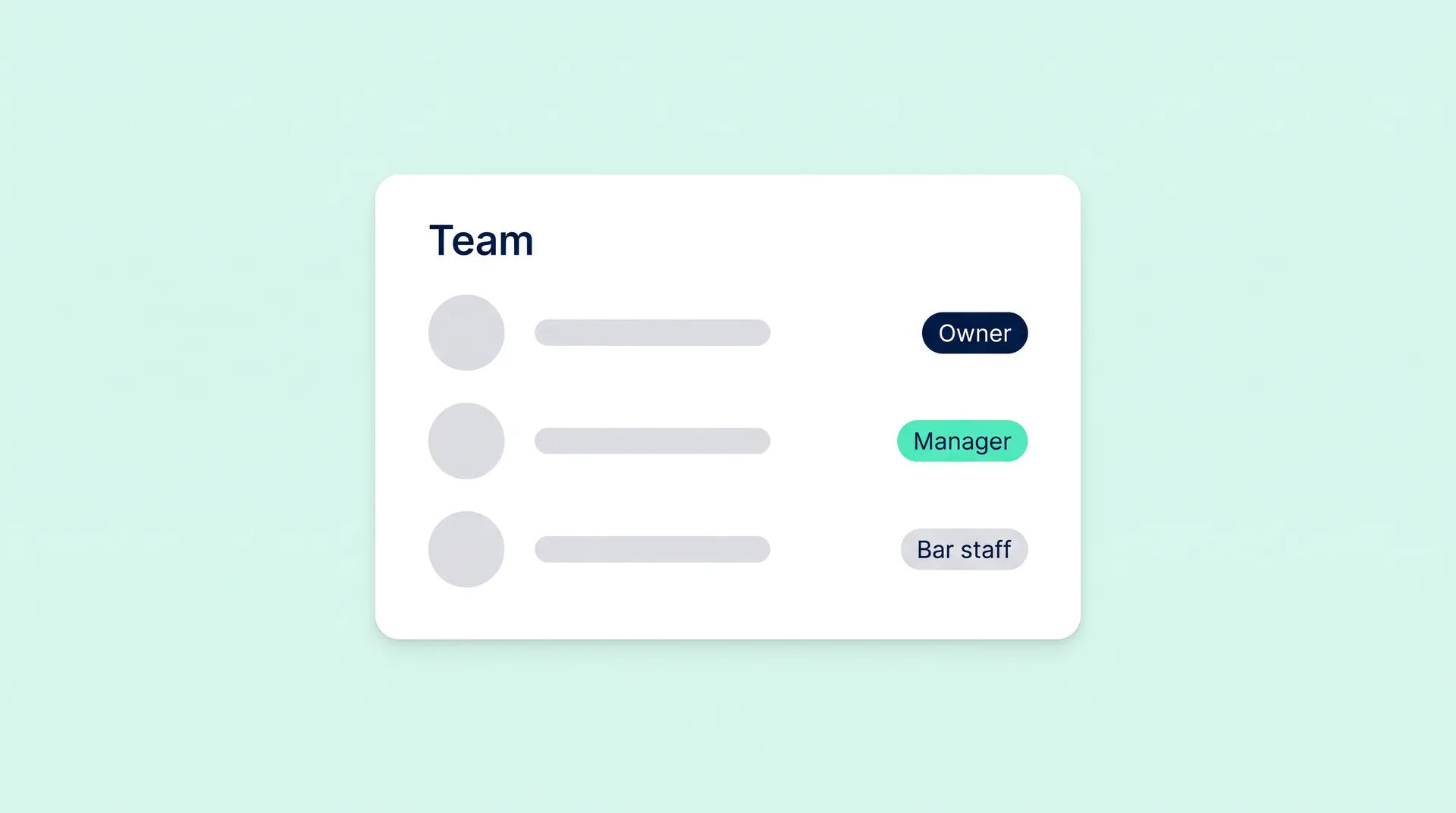 Team user roles for owner, manager and bar staff