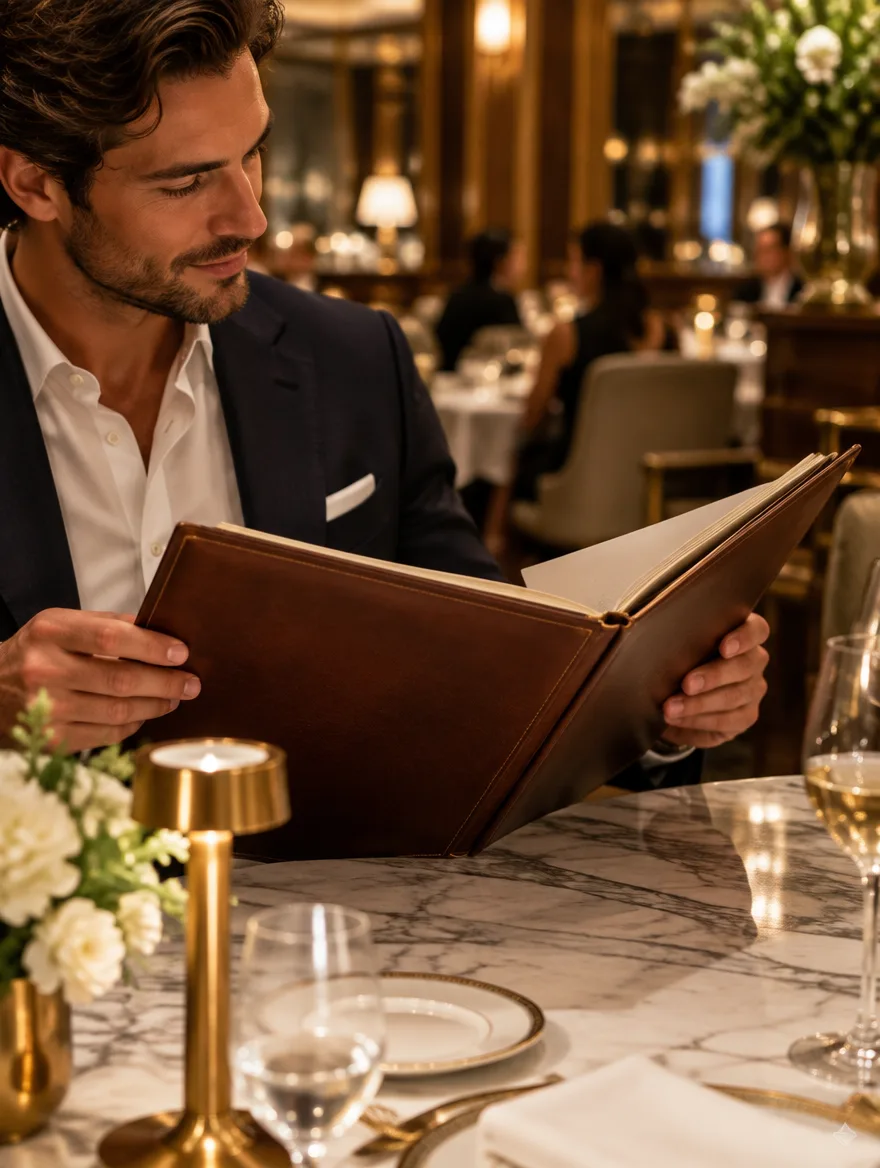 A guest opening a menu in a luxury restaurant — Sipflow scores your drinks and food menu