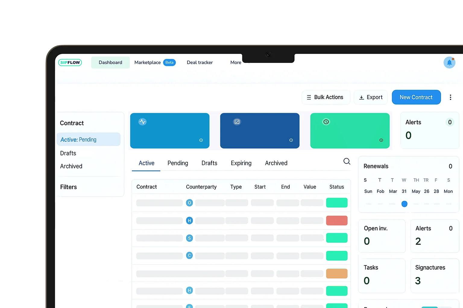 Sipflow deal management dashboard showing supplier agreements