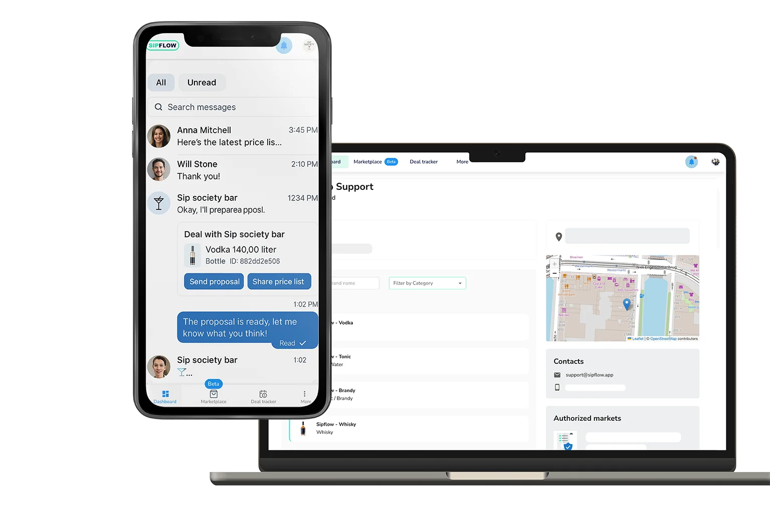 Direct messaging thread with a beverage supplier inside Sipflow
