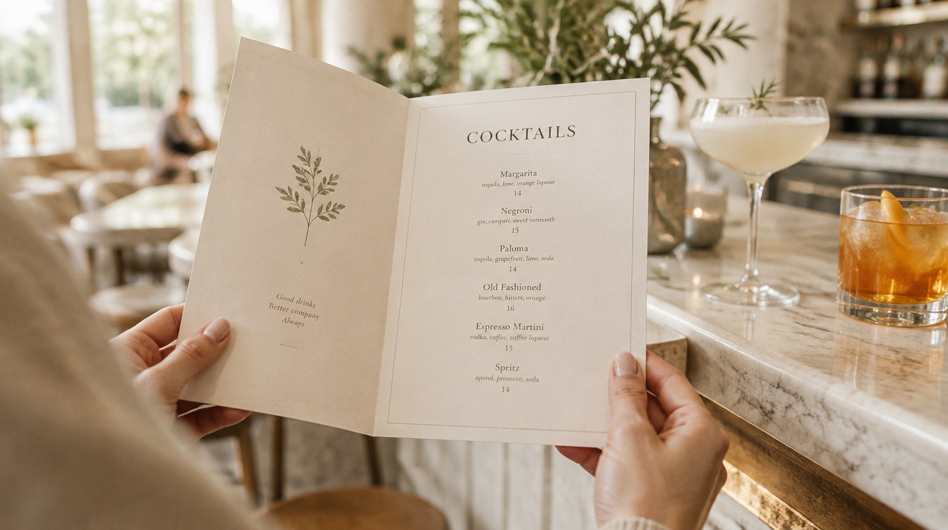 A hospitality operator holding a cocktail menu in a bright, modern bar